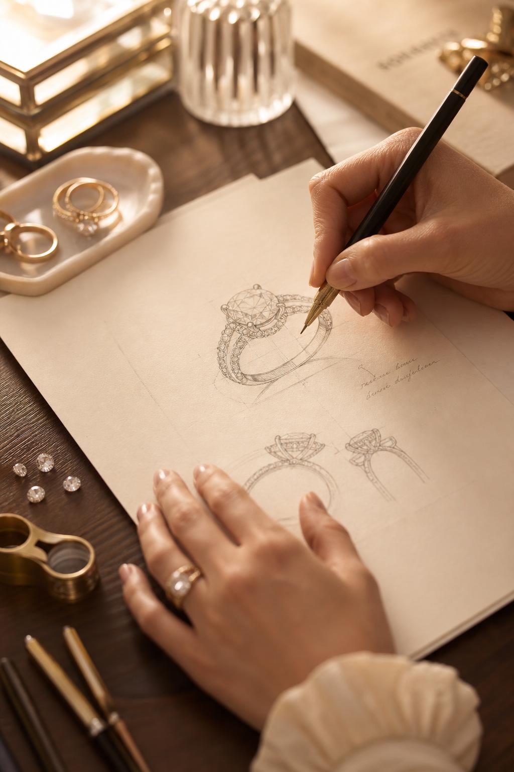 Designer sketching a custom ring at the Maya Caroleena atelier